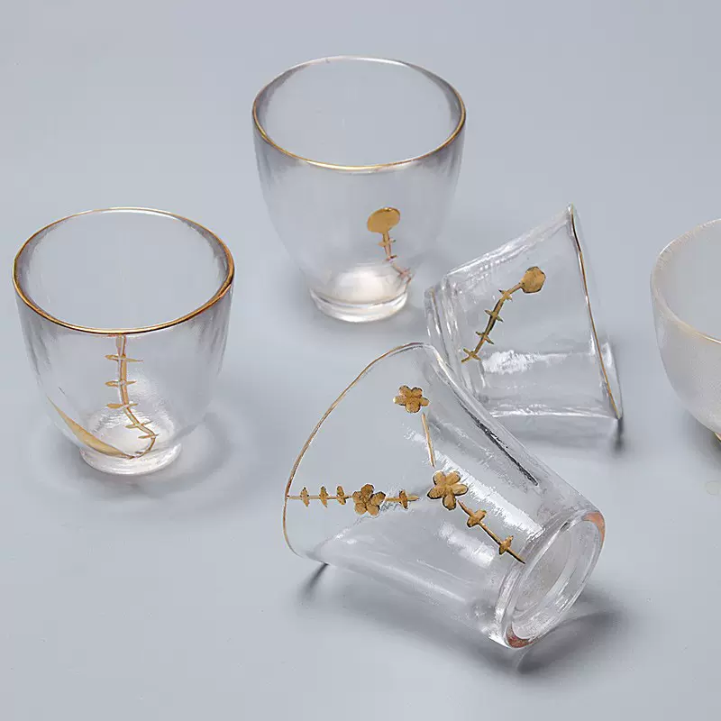 厂家直销手工描金梅花玻璃盖碗 茶杯耐高温透明梅花三才碗茶具