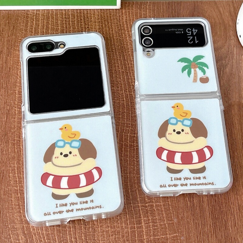 Funny Swimming Ring Cartoon Dog Suitable for Samsung Zflip7/6 up and down Foldableing Screen Hard Shell Zfilp5/4/3 Mobile Phone Case
