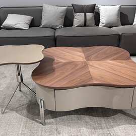 新款胡桃木中古奶油风异形茶几组合客厅家用现代简约设计师花瓣形