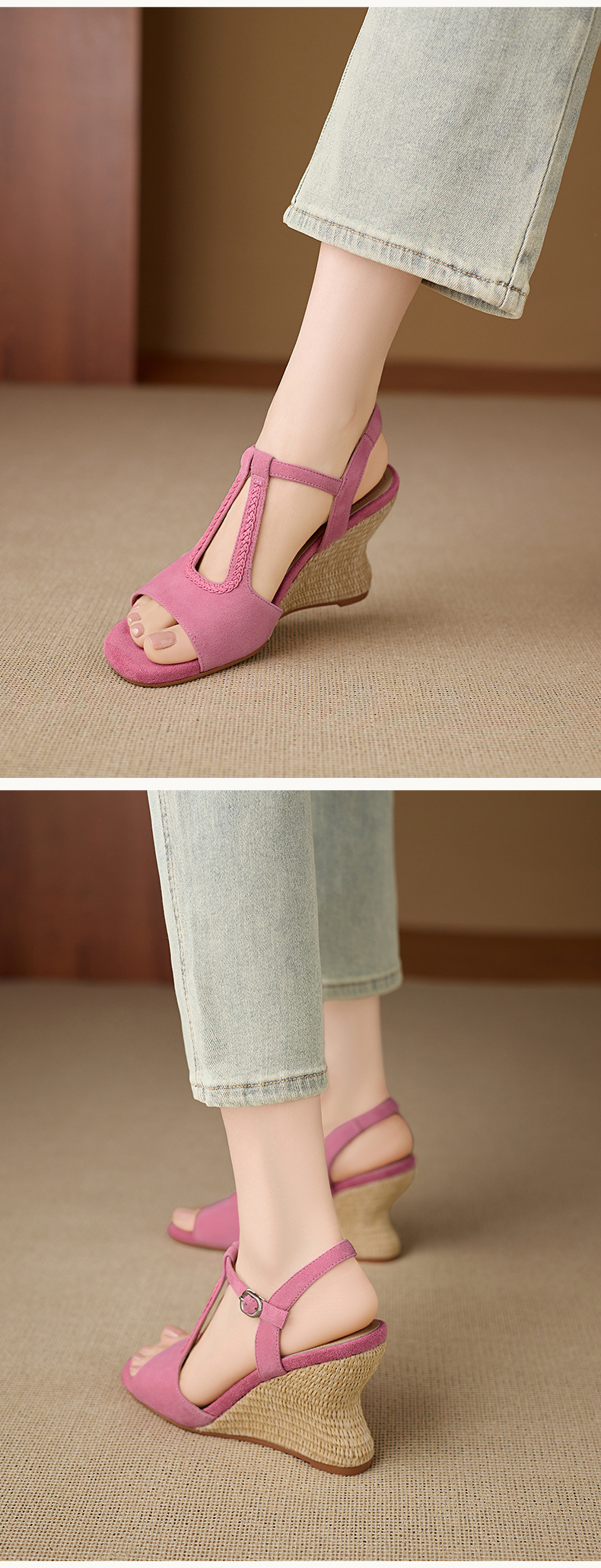Sandal cao gót nữ hở mũi đế xuồng đan rơm, quai chữ T da lộn — Hồng, màu mơ chi tiết 9