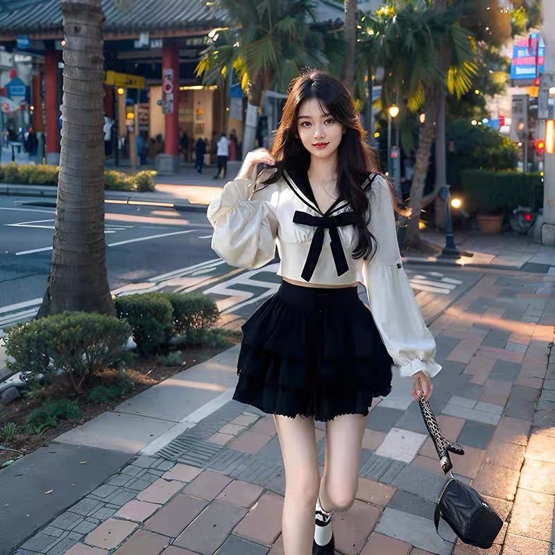 甜美学院风套装女jk制服长袖衬衫海军领设计感蝴蝶结短款两件套女|undefined