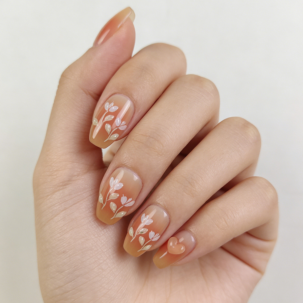 Relieve 3D estereoscópio flor de amor manicura suave naranja transparente gradiente de desgaste de uñas 24 piezas de parche de uñas