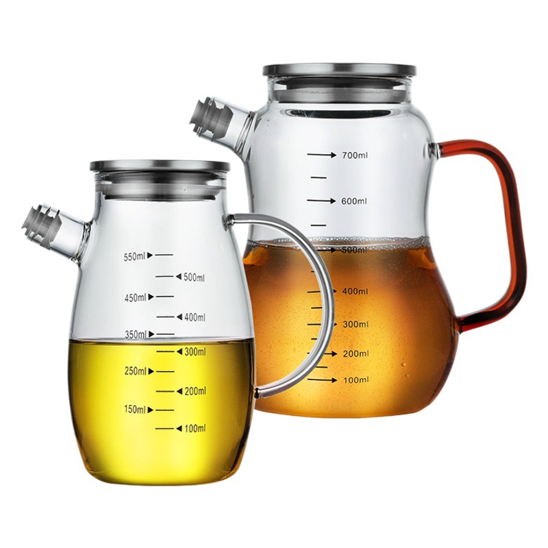 Fabricante al por mayor de recipientes de vidrio para aceite con escala, botella de aceite a prueba de fugas, recipiente para condimentos, salsa de soja, vinagre, recipiente para aceite, suministros de cocina para el hogar