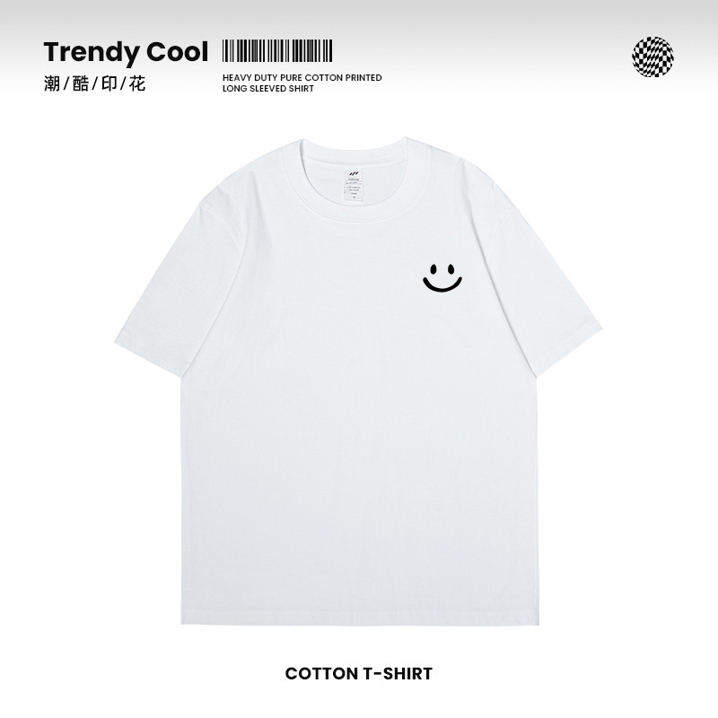 Pure Cotton Shoulder Heavy Top Base Shirt New Smiley Printed Trendy T-shirt Couple's Short Sleeve Men's T-shirt