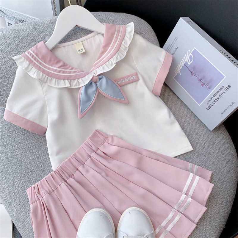 夏季韩版洋气中大童时髦学院风学生裙新款时尚衬衫百褶裙两件套
