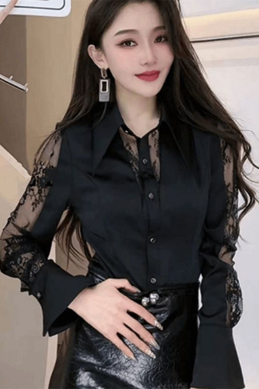 French Fashion Sexy Lace Splicing Collar Long-Sleeved Shirt for Women Autumn New Waist Slimming Versatile Top