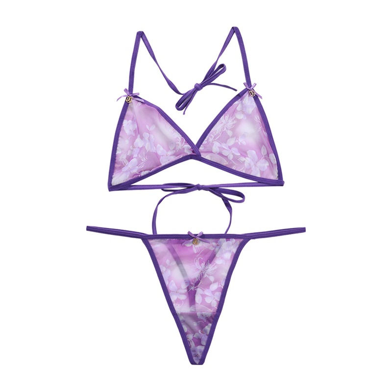 Hot selling printed underwear set, comfortable, soft mesh, perspective, sexy gathering, cross tie 661-AB_voghion.com