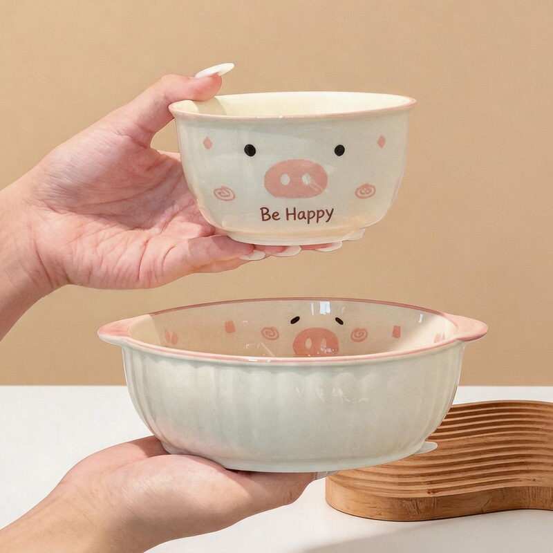 Cute pink pig ceramic tableware for home use, rice bowl, baby bowl, double-handled soup bowl, spoon and chopsticks, three-piece set for one person