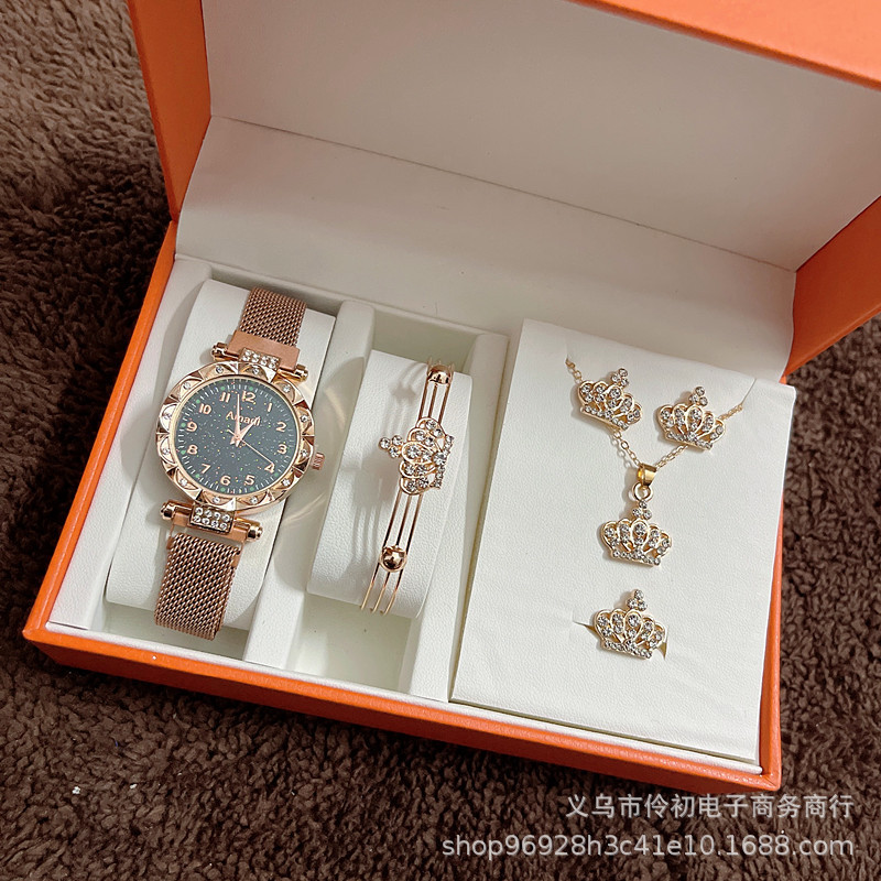 Nueva corona caliente reloj de cinco piezas caja de regalo reloj de cuarzo correa de imán casual simple para mujer