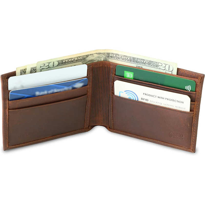 Amazon retro caballo loco billetera de cuero ligera doble doble multi-tarjeta billetera de cuero RFID anti-robo billetera para hombres