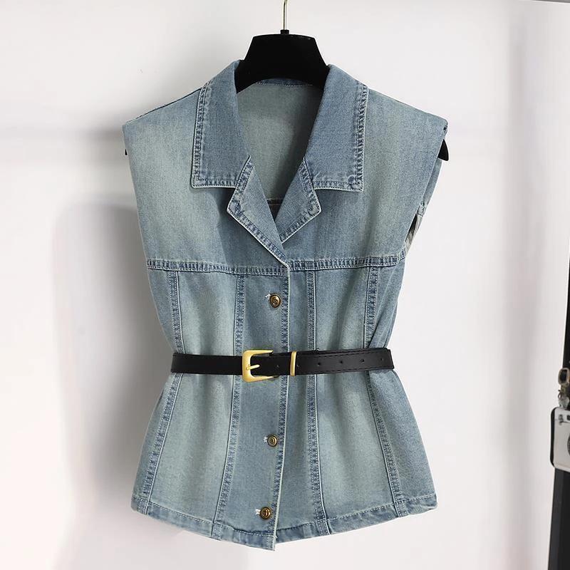 Denim Vest with Belt and Shoulder Pads for Summer Women's Clothing 2025 New Summer Beautiful and Elegant Leather Belt Two-Piece Set