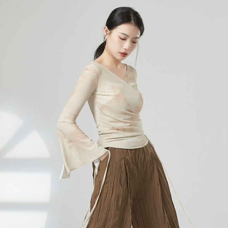 Верхняя одежда для современных танцев с длинными рукавами, одежда для занятий китайскими классическими танцами, Женская танцевальная одежда на шнуровке с принтом на весну и лето