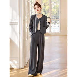 2025春季新品时尚气质蕾丝拼接外套阔腿裤两件套套装 RX9208