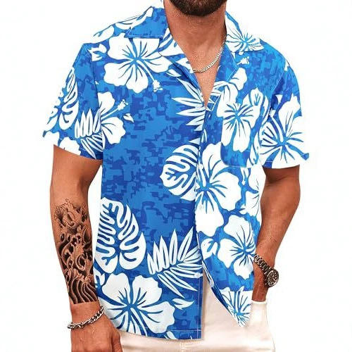 Blue background with white hibiscus and monstera prints, men's Cuban collar short-sleeve Hawaiian shirt, vacation style, loose and casual Blue background with white hibiscus and monstera prints, men's Cuban collar short-sleeve Hawaiian shirt, vacation style, loose and casual