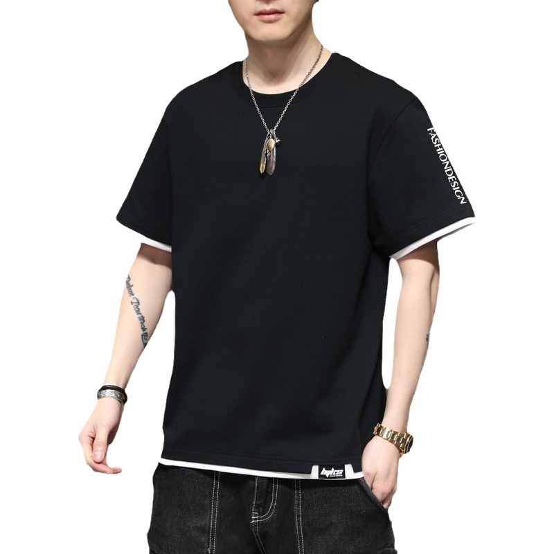 Pure Cotton Fake Two-Piece Men's Short-Sleeved T-Shirt 2026 New Summer High-End Trendy Male College Student Loose-Fitting T-Shirt for Men