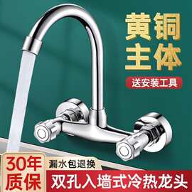 入墙式菜盆龙头黄铜双把冷热水龙头水槽洗衣池阳台洗手盆混水阀