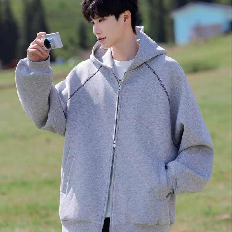 Air Layer Hooded Cardigan Jacket Men's 2025 Autum Japanese Style Fashion Brand Loose Casual Double Zipper Silhouette Jacket