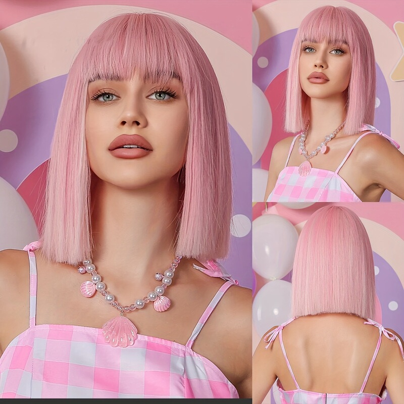Wig Women's Short Bobo Head Full Top Wig Cover Full Head Style Natural bobo Hairstyle European and American Light Pink in stock