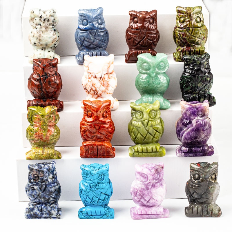 跨境天然水晶雕刻件动物猫头鹰桌面摆件半宝石工艺品批发玉石摆件