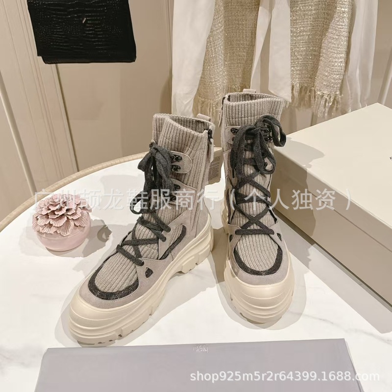 高端2025秋冬麂皮真皮圆头拼色复古厚底绑带针织弹力短靴马丁靴女|undefined