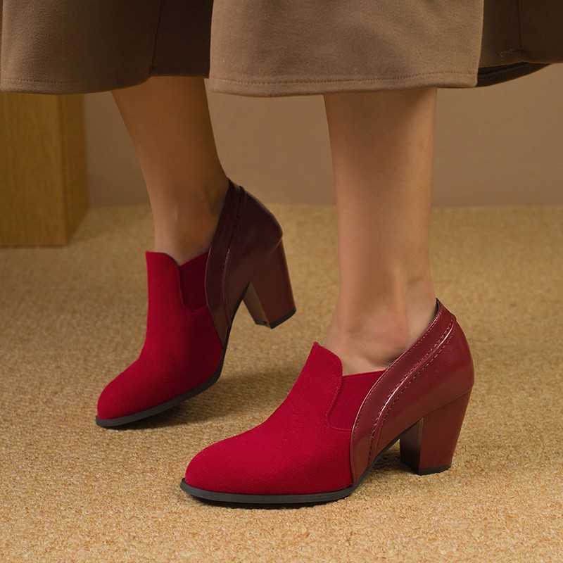 Herbstliche Wildleder-Pumps mit hohem Absatz für Damen in großen Größen, Blockabsatz, elastischer Schaft, professioneller Stil_voghion.com