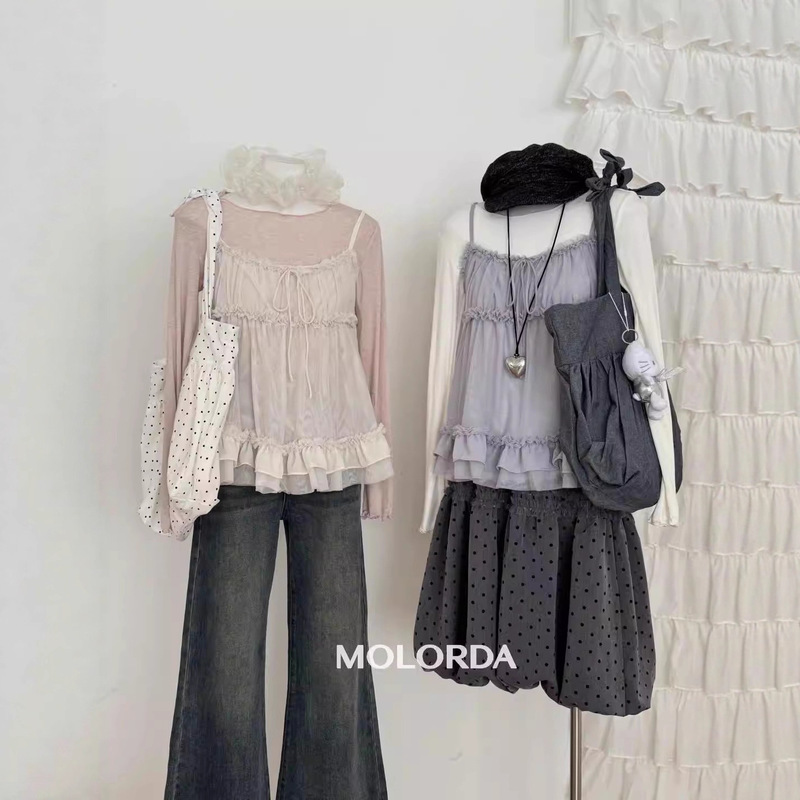 French Sweet Little Fragrance Super Nice Suspender Layered Sweater Women's Autumn Dopamine Long-Sleeved Top Two-Piece Set