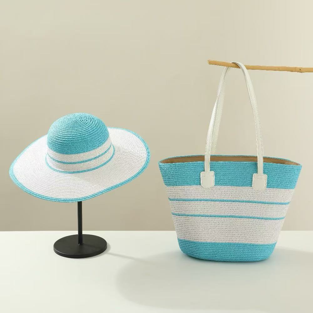 El nuevo bolso de sombrero de paja de verano tiene dos juegos de sombreros de sol de viaje al aire libre de alta gama de moda con bolsos de paja de temperamento.