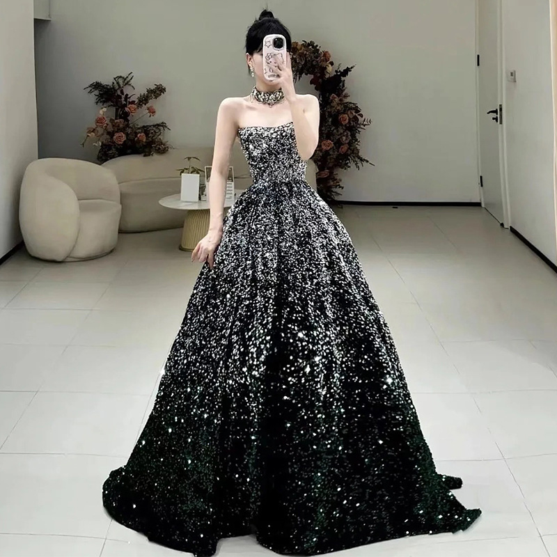 Annual Meeting Host Evening Dress High-End Luxury Niche Strapless 2026 New Model Vocal Performance Elegant Celebrity Sequin Dress