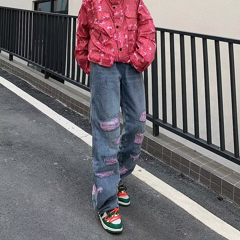 American Retro Ripped Jeans for Men, Spring and Autumn Style, Trendy Brand Design, Loose and Versatile, Distressed Straight Wide-Leg Pants