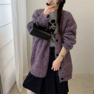 韩系粗针慵懒风毛衣开衫女2026秋季新款宽松长袖外套复古针织衫女