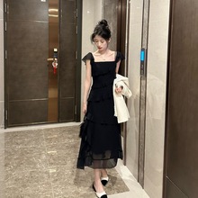 公主风长裙法式连衣裙子2024夏季新款黑色吊带裙修身显瘦开叉长裙