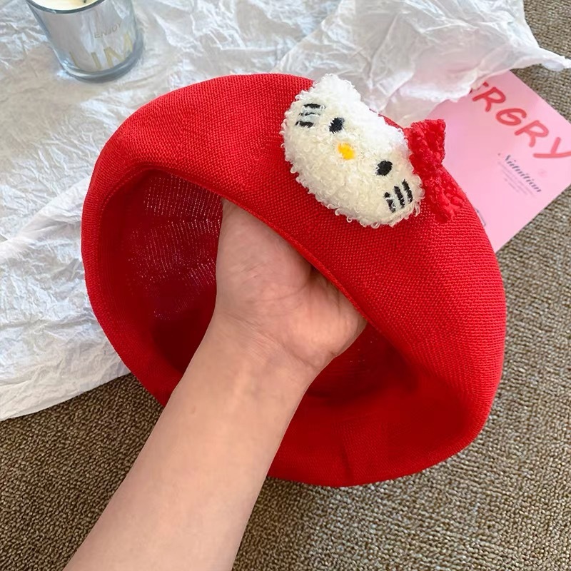 粉色Kitty猫咪贝雷帽女夏季薄款透气可爱帽子显脸小画家帽子批发|undefined