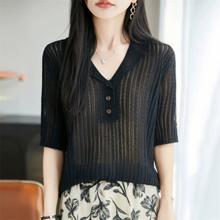法式优雅风翻领短袖针织T恤衫女2026新款纽扣显瘦百搭V领麻花上衣