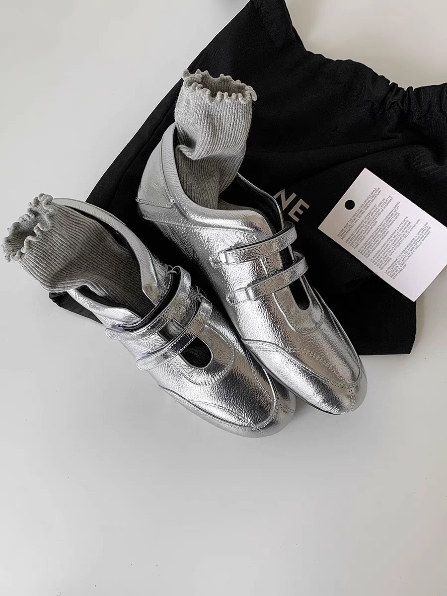 Versión de piel de oveja ~ Velcro boca baja deportivo zapatos de ballet planos moda femenina todo fósforo azul cuero zapatos Mary Jane