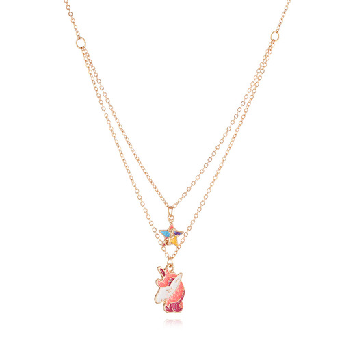 Cross-border European and American children's double-layer adjustable alloy drip oil pendant ornament cartoon unicorn pendant necklace jewelry wholesale