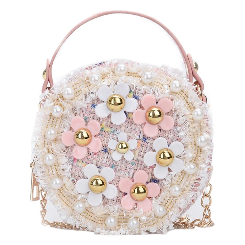 Nuevo bolso de hombro para niños de estilo coreano para niñas accesorios para todo el Partido bolsa redonda pequeña bolsa de flores de perlas para niñas lindas para bebés
