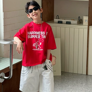棉小铺男童短袖儿童夏季T恤2026新款韩版童装红色透气柔软卡通潮