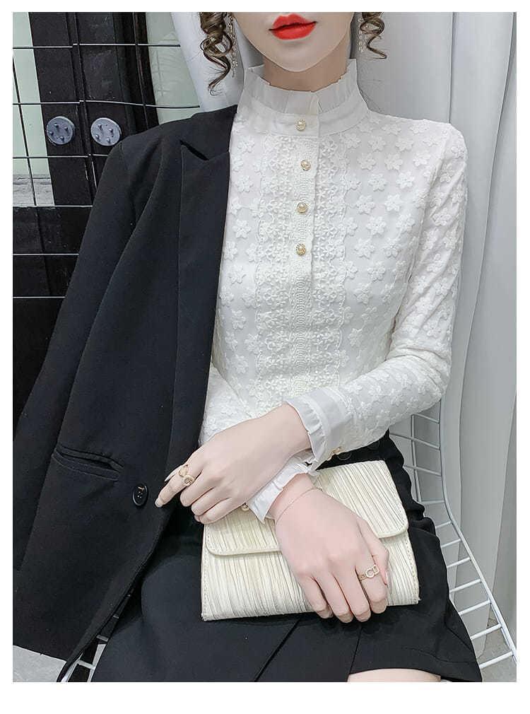 A high-end lace base layer shirt with added fleece and thickening for women in 2022, a stylish long-sleeved, warm and versatile top pic 16