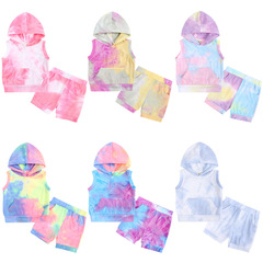 歐美童裝批發夏兒童扎染套裝無袖連帽套頭衫中小童上衣短褲兩件套