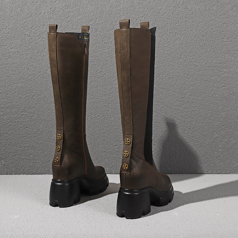 Boot nữ cổ cao ôm bắp chân mũi tròn, đế dày khâu chỉ, gót trong 10 cm — Nhung kaki sâu chi tiết 9
