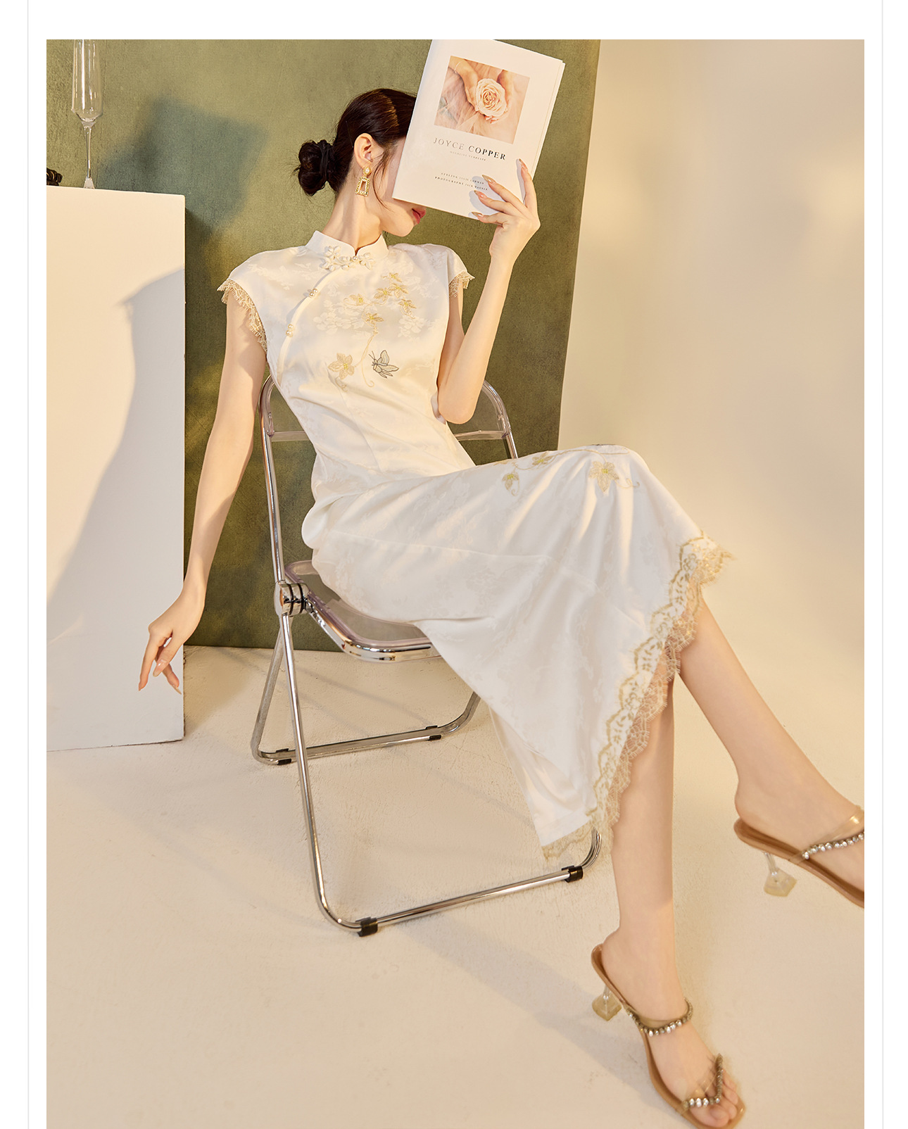 Đầm tay phồng cổ đứng phong cách Trung Hoa mùa hè, sườn xám thêu cải tiến cao cấp — Màu trắng, Màu mơ chi tiết 27