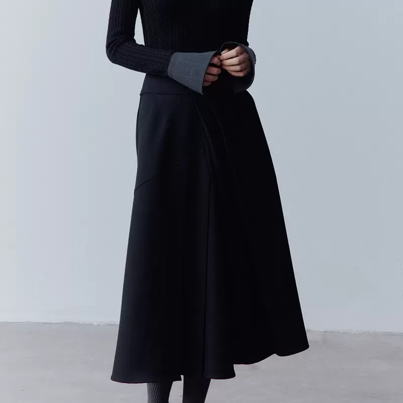 FUSS 高智千金_建筑感解构主义_雅黑不规则百褶半裙高腰显瘦