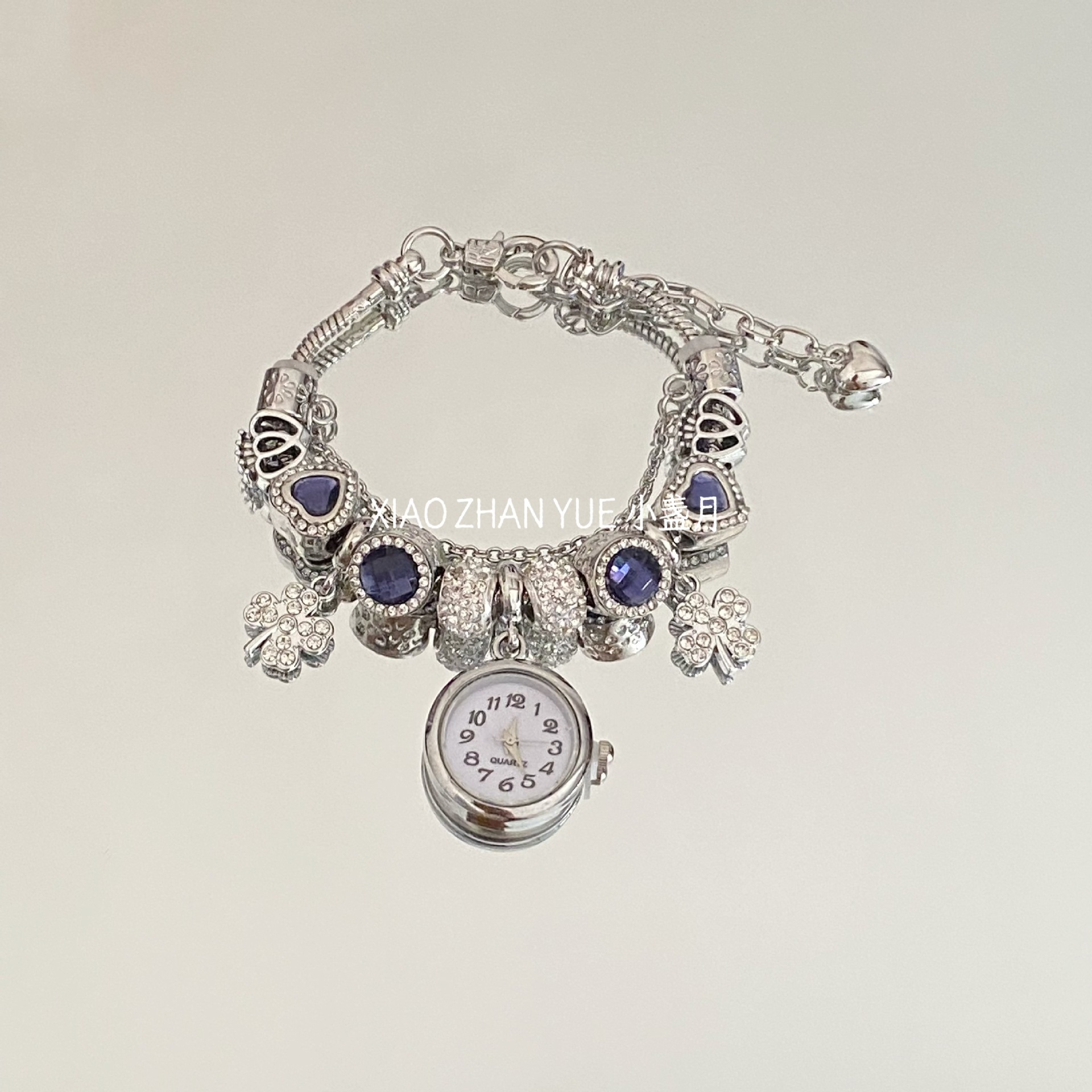 실버 블루 클로버 시계 팔찌(손 둘레 조절 가능)