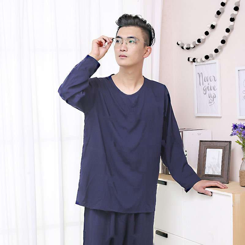 Pijamas de hombre de manga larga de primavera y otoño pijamas de hombre de primavera y verano ropa de hogar delgada pijamas de mediana edad para hombres traje de algodón de color sólido