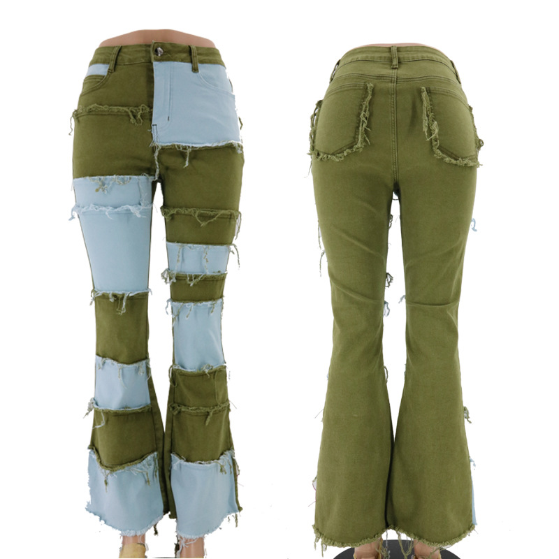 Europa y Estados Unidos 2025 otoño nuevo estilo Amazon moda contraste color película cintura alta cadera cuerno apretado pantalones de mezclilla para mujer