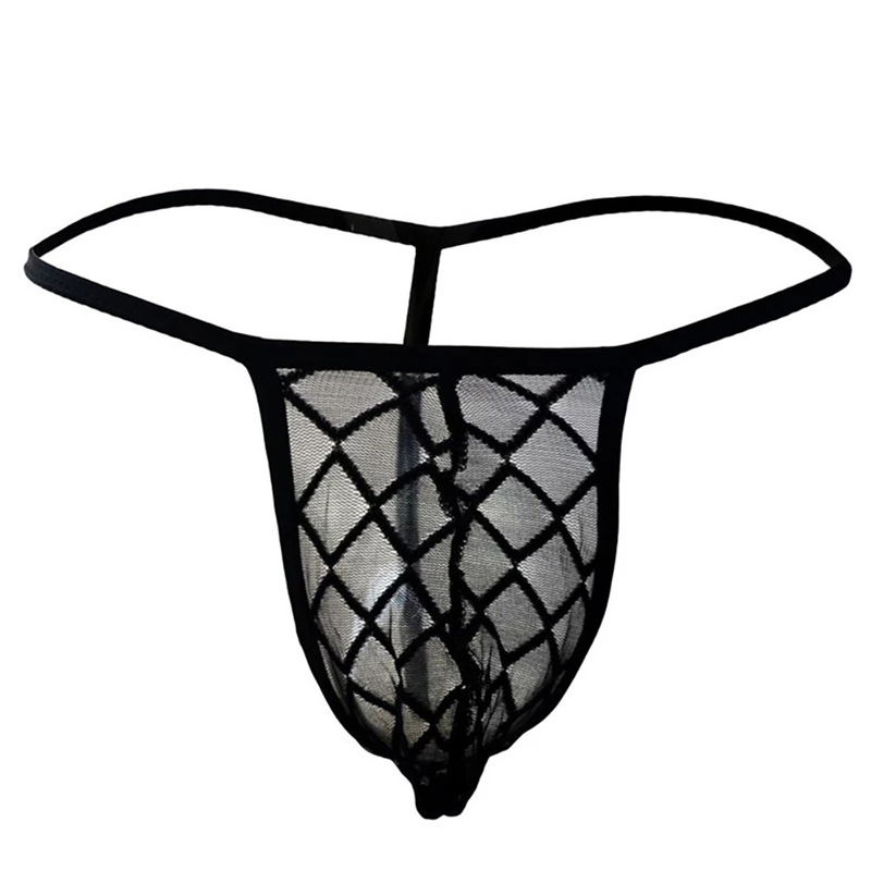 Men's sexy underwear sexy silk cross-dressing fake mother anti-lace transparent plaid transparent mesh low waist thong