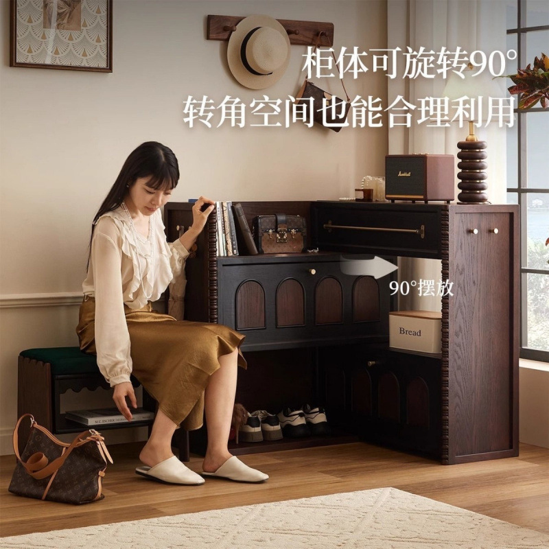 法式复古实木入户翻斗鞋柜新款家用中古收纳门口一体靠墙大气简约|undefined