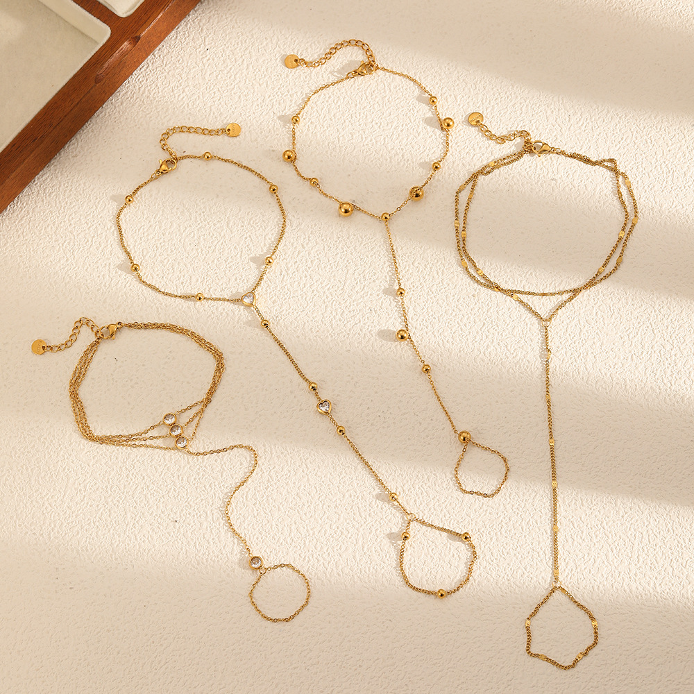 Cross-border European and American trend diamond finger chain does not fade 18k gold-plated stainless steel bracelet female finger one-piece bracelet