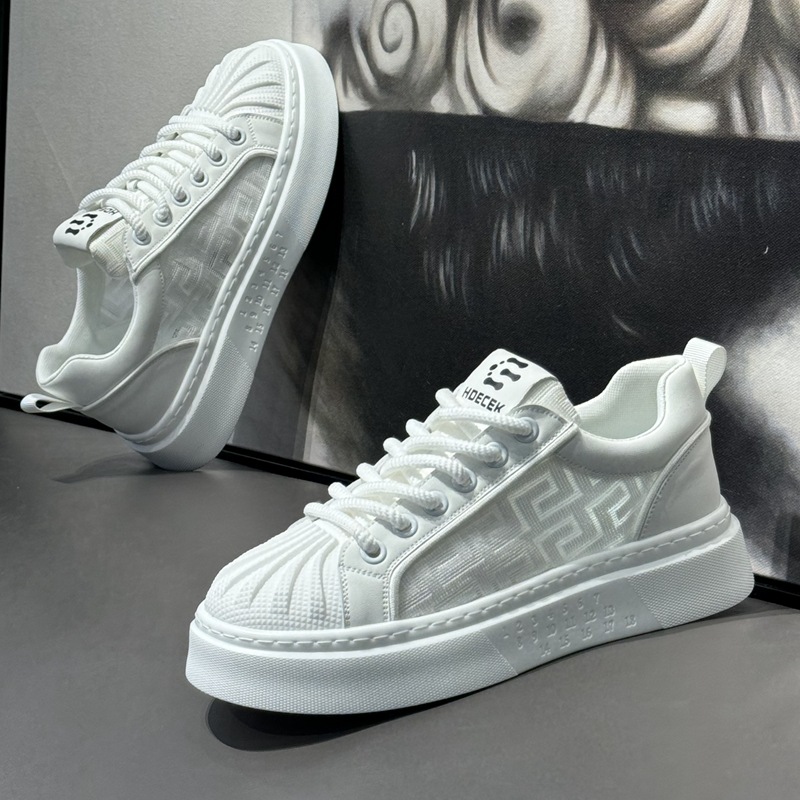 Pánske nové priedušné biele sieťované všestranné športové a voľnočasové topánky s hrubou podrážkou a piškótovou podrážkou na jar/leto 2024_voghion.com