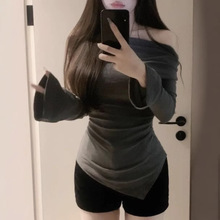 纯欲多穿法喇叭一字肩设计感小众长袖辣妹T恤打底潮百搭跨境批发